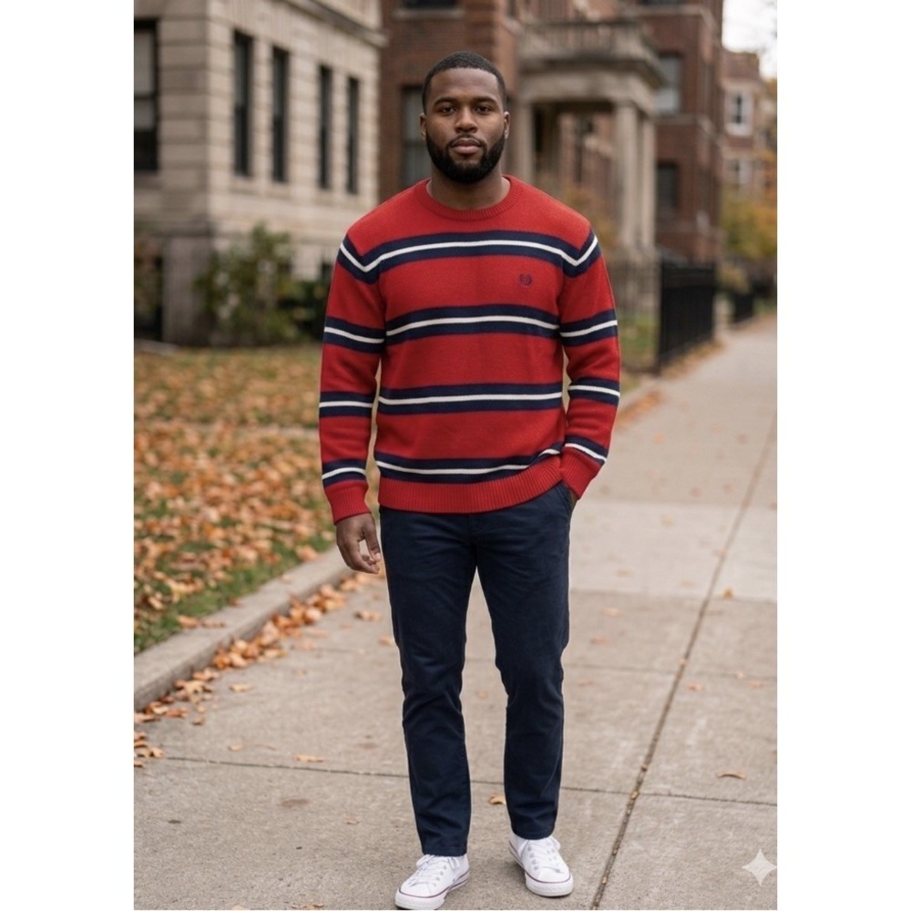 Chaps NWOT‎ Men's Crew Neck Red Navy White Striped Knit Sweater. Large